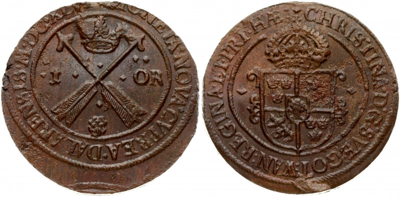 Sweden 1 Ore Copper (1645) MDCXLV Christina (1632-1654). Obverse: Crowned orname...