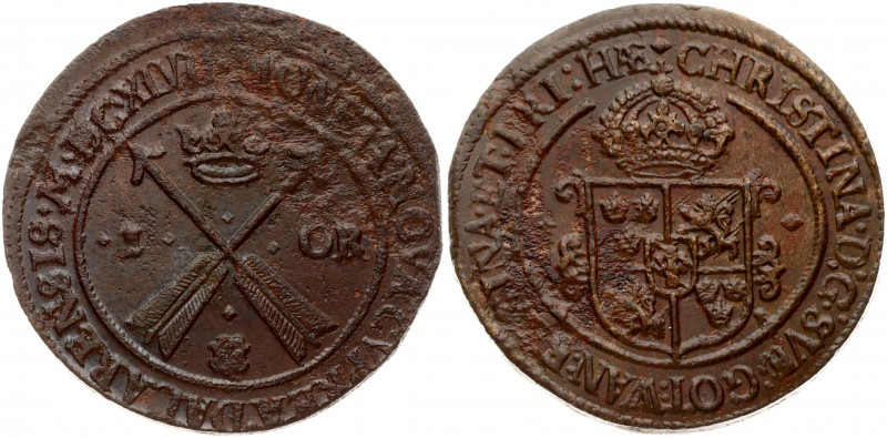 Sweden 1 Ore Copper (1647) MDCXLVII Christina (1632-1654). Obverse: Crowned orna...