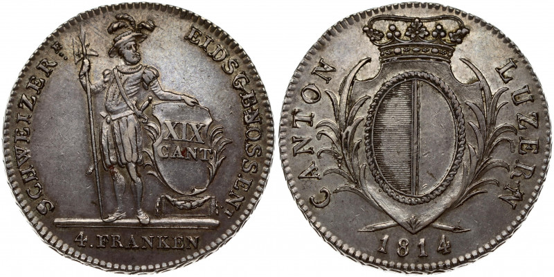 Switzerland LUZERN 4 Franken 1814 Obverse: Crowned oval shield within palm sprig...