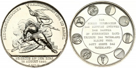 Switzerland Medal 1844 on the confederate Freischiessen in Basel; from A. Bovy. Obverse: Gefallener warriors with shield and Flag to commemorate the b...