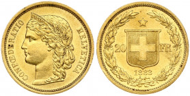 Switzerland 20 Francs 1883 Obverse: Crowned head left. Obverse Legend: CONFOEDERATIO HELVETICA. Reverse: Shield divides value; star above; date below;...