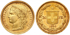 Switzerland 20 Francs 1886 Obverse: Crowned head left. Obverse Legend: CONFOEDERATIO HELVETICA. Reverse: Shield divides value; star above; date below;...