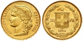 Switzerland 20 Francs 1890B Obverse: Crowned head left. Obverse Legend: CONFOEDERATIO HELVETICA. Reverse: Shield divides value; star above; date below...