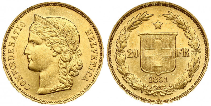Switzerland 20 Francs 1891B Obverse: Crowned head left. Obverse Legend: CONFOEDE...