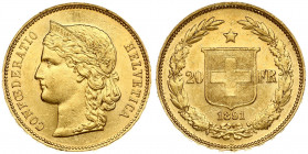 Switzerland 20 Francs 1891B Obverse: Crowned head left. Obverse Legend: CONFOEDERATIO HELVETICA. Reverse: Shield divides value; star above; date below...