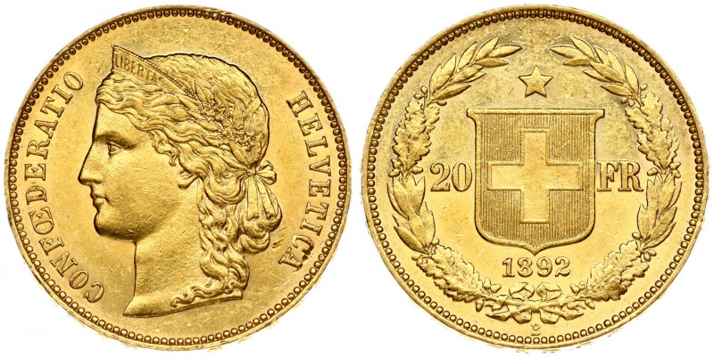 Switzerland 20 Francs 1892B Obverse: Crowned head left. Obverse Legend: CONFOEDE...