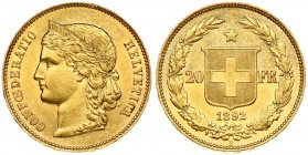 Switzerland 20 Francs 1892B Obverse: Crowned head left. Obverse Legend: CONFOEDERATIO HELVETICA. Reverse: Shield divides value; star above; date below...