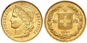 Switzerland 20 Francs 1893B Obverse: Crowned head left. Obverse Legend: CONFOEDERATIO HELVETICA. Reverse: Shield divides value; star above; date below...