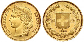 Switzerland 20 Francs 1894B Obverse: Crowned head left. Obverse Legend: CONFOEDERATIO HELVETICA. Reverse: Shield divides value; star above; date below...