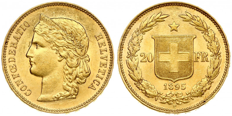 Switzerland 20 Francs 1895B Obverse: Crowned head left. Obverse Legend: CONFOEDE...