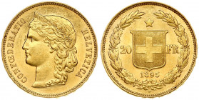 Switzerland 20 Francs 1895B Obverse: Crowned head left. Obverse Legend: CONFOEDERATIO HELVETICA. Reverse: Shield divides value; star above; date below...