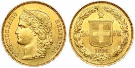 Switzerland 20 Francs 1896B Obverse: Crowned head left. Obverse Legend: CONFOEDERATIO HELVETICA. Reverse: Shield divides value; star above; date below...