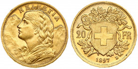 Switzerland 20 Francs 1897B Obverse: Young head left. Obverse Legend: HELVETIA. Reverse: Shield within oak branches divides value. Gold 6.44g. KM 35.1