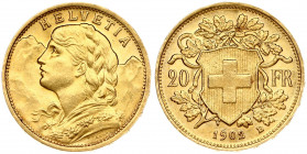 Switzerland 20 Francs 1902B Obverse: Young head left. Obverse Legend: HELVETIA. Reverse: Shield within oak branches divides value. Gold 6.44g. Scratch...