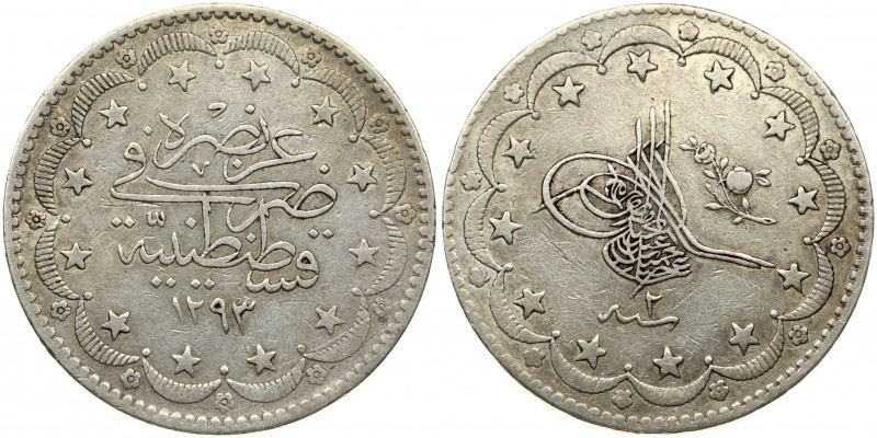 Turkey 20 Kurush 1293//2 Abdul Hamid II(1876-1909). Obverse: Toughra within circ...