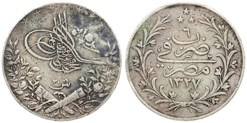 Turkey 20 Kurush 1327//2 Muhammad V(1327-1336 AH) (1909-1918 AD). Obverse: Tough...