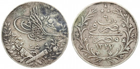 Turkey 20 Kurush 1327//2 Muhammad V(1327-1336 AH) (1909-1918 AD). Obverse: Toughra in center of sprigs and stars. Reverse: Inscription and date within...