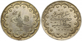 Turkey 20 Kurush 1327//9 Muhammad V(1909-1918). Obverse: Toughra within star border and cresent wreath. Reverse: Inscription and date within star bord...