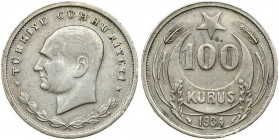 Turkey 100 Kurus 1934 Obverse: Head of Kemal Atatürk left. Reverse: High star above value within crescent; date below. Silver. KM 860