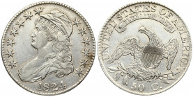USA 50 Cents / ½ Dollar 1824 'Capped Bust Half Dollar'. Philadelphia. Obverse: An American Bald Eagle; with wings spread and a bundle of arrows and an...