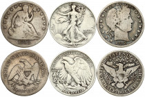 USA ½ Dollar 1858S & 1912D & 1941D 'Seated Liberty Half Dollar'; 'Barber Half Dollar'; 'Walking Liberty Half Dollar'. Silver. KM A68; 116; 142. Lot of...