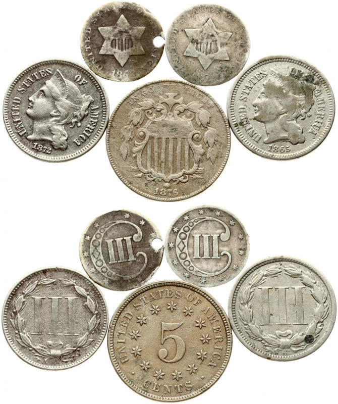 USA 3 - 5 Cents (1862-1876). 'One line bordering star'; 'Three Cent Nickel'; 'Sh...