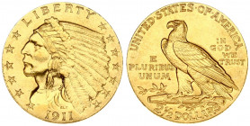 USA 2½ Dollars 1911 'Indian Head - Quarter Eagle'. Obverse: Indian head capped with a war hat with Union stars around the rim and the date at the bott...