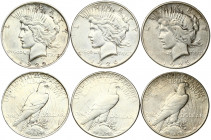 USA 1 Dollar 1922 D & 1923 S & 1926S 'Peace Dollar'. Obverse: Capped head of Liberty left; headband with rays. Lettering: LIBERTY IN GOD WE TRUST. Rev...