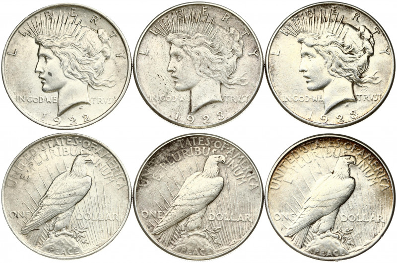 USA 1 Dollar 1922 & 1923 S 'Peace Dollar'. Obverse: Capped head of Liberty left;...