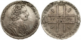 Russia 1 Rouble 1724 Moscow. Peter I (1699-1725). Obverse: Laureate bust right. Reverse: Sunburst in center divides date in cruciform with 4 crowns mo...