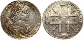 Russia 1 Rouble 1725 Moscow. Peter I (1699-1725). Obverse: Laureate bust right. Reverse: Sunburst in center divides date in cruciform with 4 crowns mo...