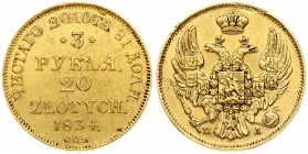 Russia For Poland 3 Roubles - 20 Zlotych 1834 СПБ-ПД Nicholas I (1826-1855). Obverse: Shield within wreath on breast; 3 shields in wings. Reverse: Val...