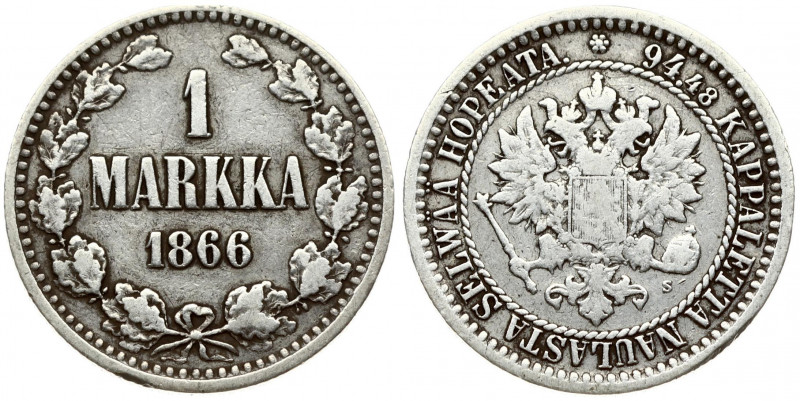 Russia For Finland 1 Markka 1866 S Alexander II (1854-1881). Obverse: Crowned im...