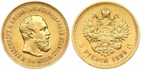 Russia 5 Roubles 1889 (АГ)-АГ St. Petersburg. Alexander III (1881-1894). Obverse: Head right. Reverse: Crowned double imperial eagle ribbons on crown....