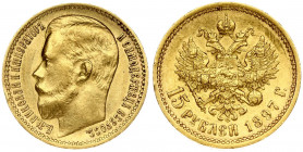 Russia 15 Roubles 1897 (АГ) St. Petersburg. Nicholas II (1894-1917). Obverse: Head left. Reverse: Crowned double-headed imperial eagle ribbons on crow...