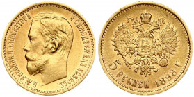 Russia 5 Roubles 1898 (АГ) St. Petersburg. Nicholas II (1894-1917). Obverse: Head right. Reverse: Crowned double imperial eagle ribbons on crown. Gold...