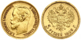 Russia 5 Roubles 1902 (АР) St. Petersburg. Nicholas II (1894-1917). Obverse: Head right. Reverse: Crowned double imperial eagle ribbons on crown. Gold...