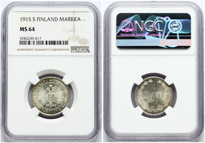 Russia For Finland 1 Markka 1915 S. Nicholas II (1894-1917). Obverse: Crowned im...