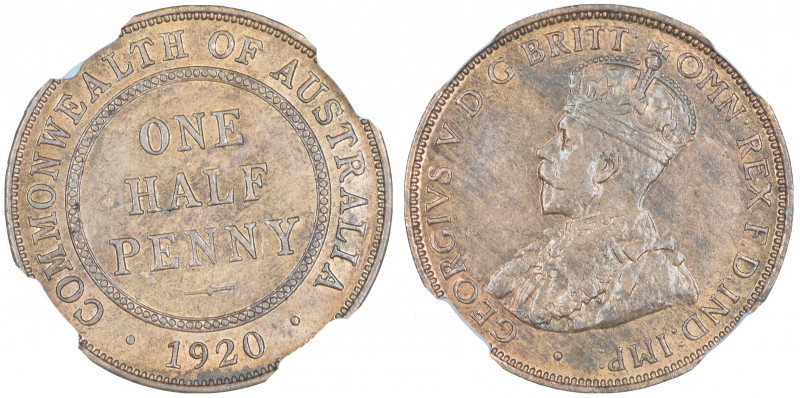 Australia 1920 1/2 PENNY Graded MS 63 RB by NGC. Only 6 coins graded higher by N...