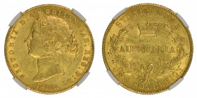 Australia 1864 1 Sovereign, Graded AU 58 by NGC. 

KM-4

o.2354 oz net