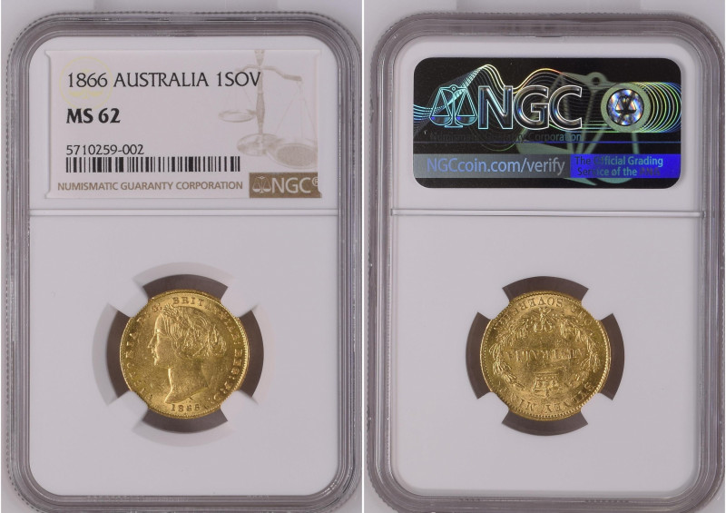Australia 1866 1 SOVEREIGN Graded MS 62 by NGC. Only 8 coins graded higher by NG...