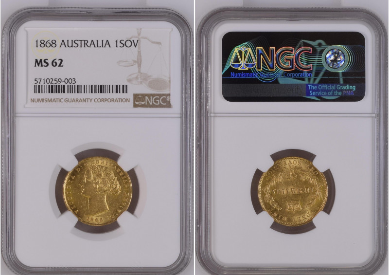 Australia 1868 G 1 SOVEREIGN Graded MS 62 by NGC. Only 4 coins graded higher by ...