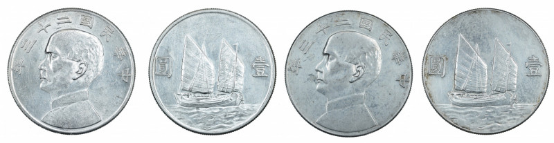 2 coins lot ; China Republic, Year 23 (1934), Junk Dollar, in AU details conditi...