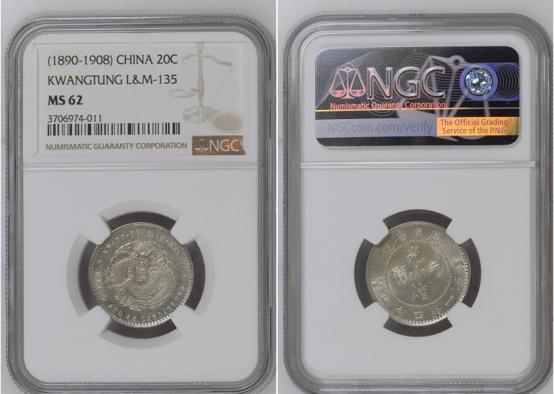 China (1890-1908) 20 Cents Kwangtung L&m-135 Graded MS 62 by NGC. Only 373 coins...