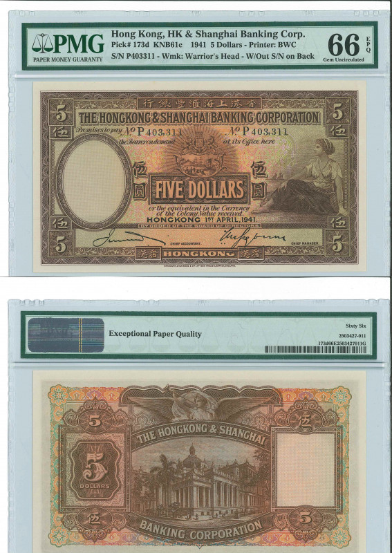 Hong Kong, HSBC $5 dollars bank note, 1 April 1941, 

Graded Gem Uncirculated 66...