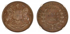 1835 (B) (Cu) 1/2 Anna (KM-447.1): A well struck coin; attractive and lustrous brown surfaces that have a slightly proof-like appearance on the obvers...