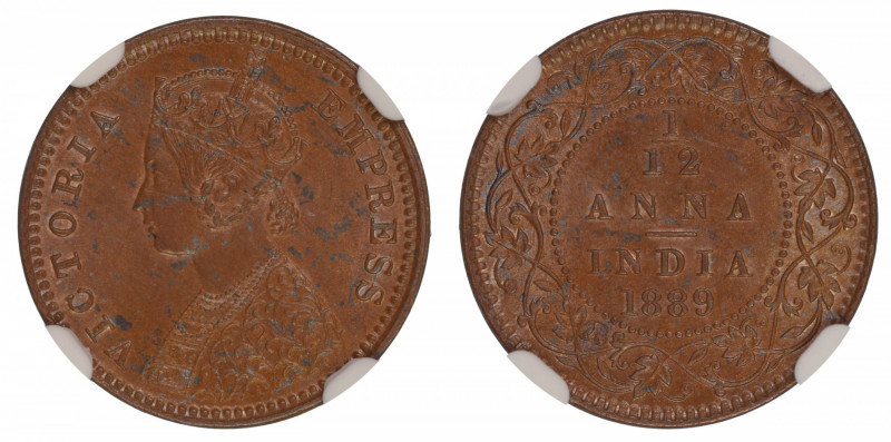 British India 1889 Calcutta, Victoria 1/12 Anna, NGC Graded MS 62 Brown. Light l...