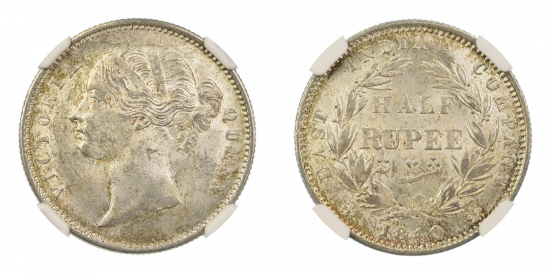 India, British 1840(B&C), 1/2 Rupee, S&W-3.46 Type A/1 24 Berries - ".W.W". Grad...