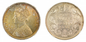 India, British 1862(C), 1 Rupee. Graded MS 63 by NGC. KM-473