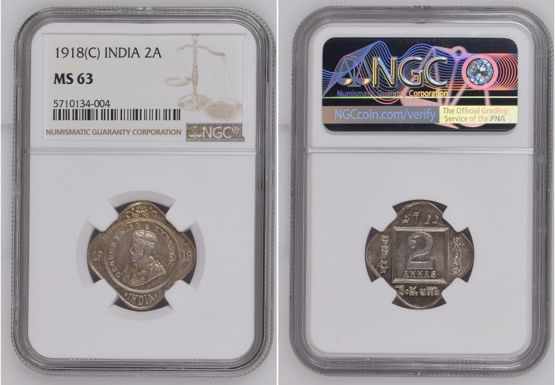 India 1918 (C) 2 Anna Graded MS 63 by NGC. Only 27 coins graded higher by NGC. K...